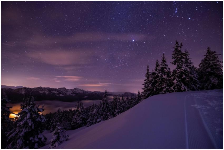 A breathtaking view of a starry sky over snow-cove