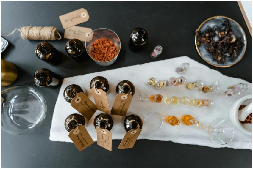 A collection of essential oils and natural ingredi