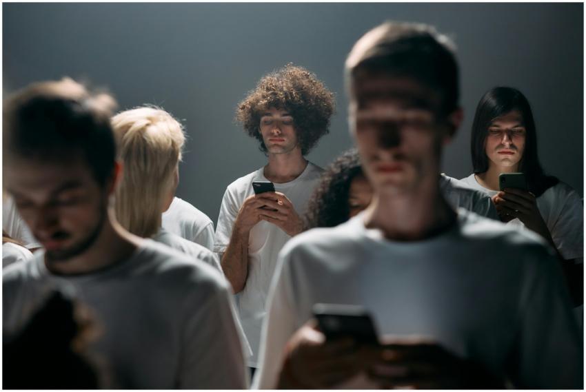 Group of young adults absorbed in smartphones unde