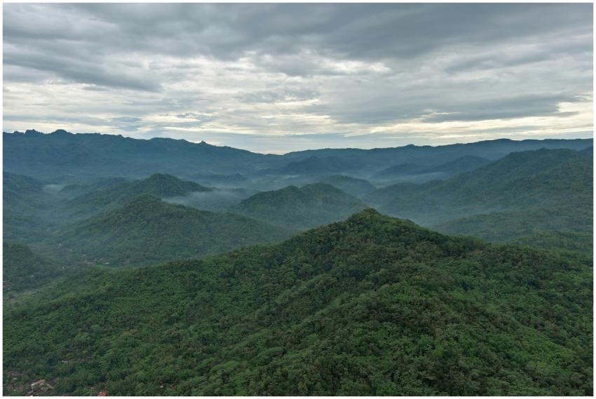 A scenic landscape of lush green mountains and mis