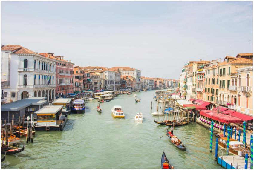 A lively view of Venice's Grand Canal featuring go