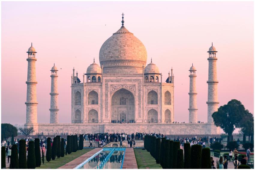 The iconic Taj Mahal during sunset, showcasing its