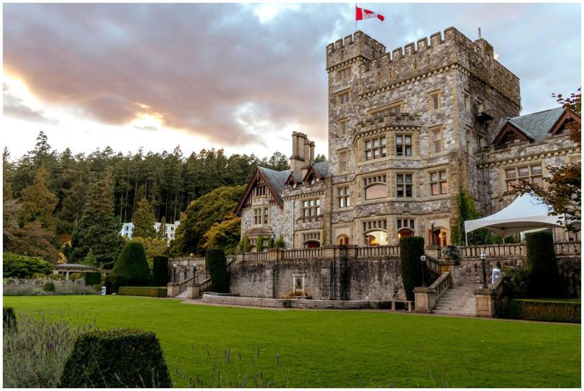 Historic Hatley Castle in Victoria, BC, at sunset,