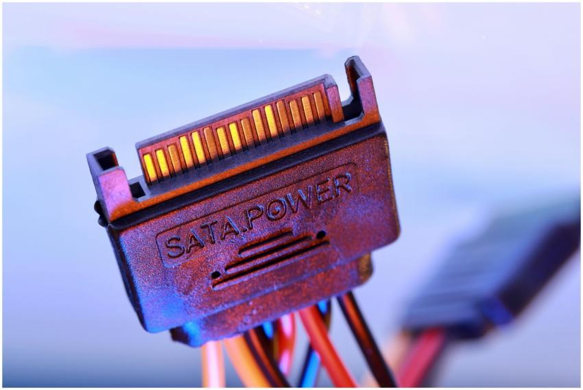 Detailed view of a SATA power cable connector with