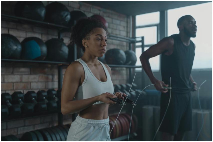 A man and woman in activewear using jump ropes for