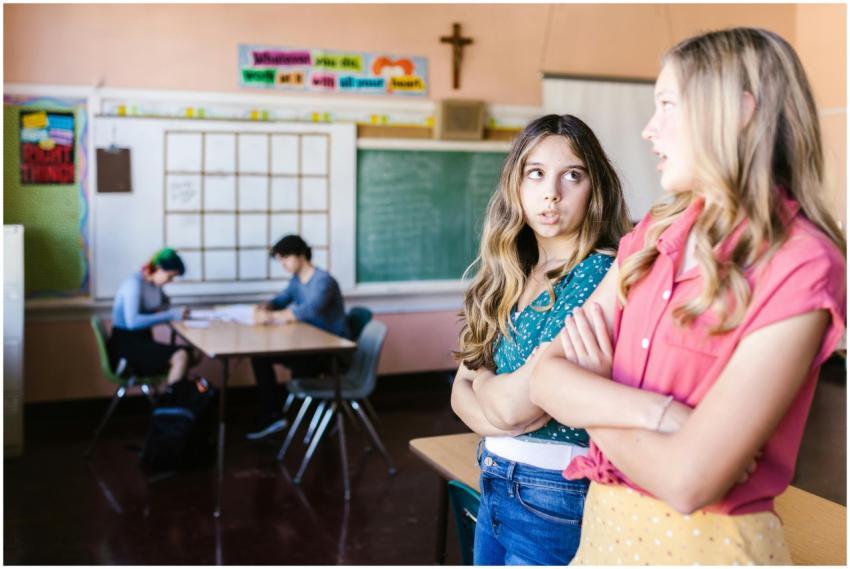 Teenage girls having a conversation in a school cl