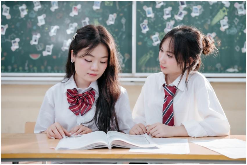 Two students in school uniforms studying together