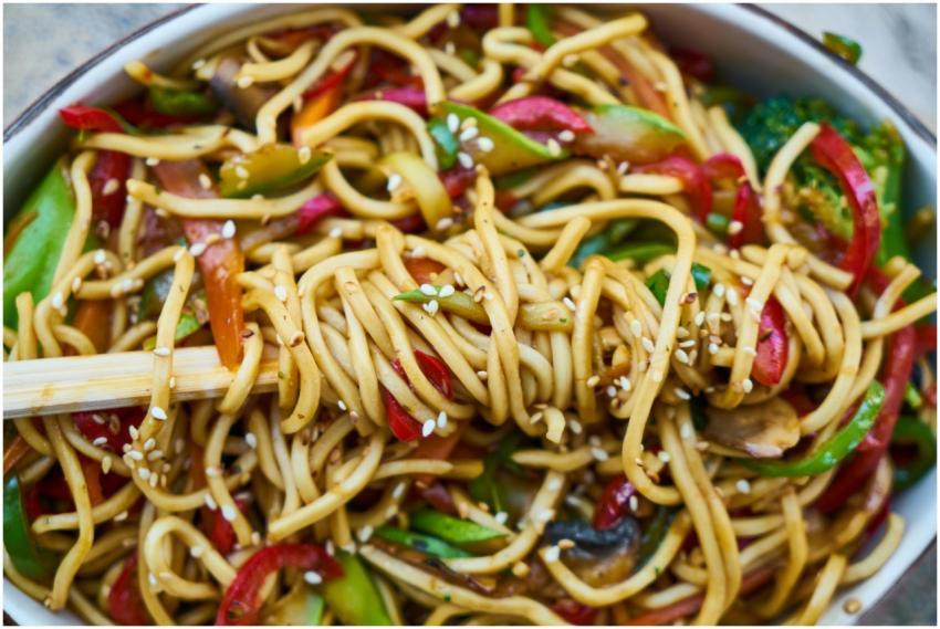 Vibrant stir-fried vegan noodles with colorful veg