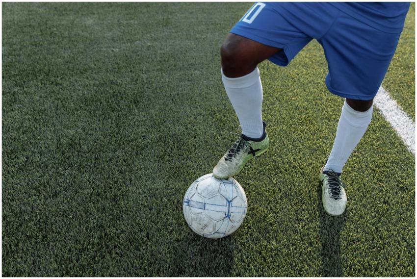Close-up of a player controlling a soccer ball on