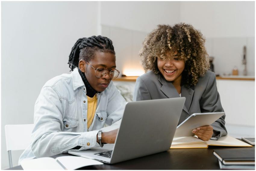 Two professionals collaborate on a project using a