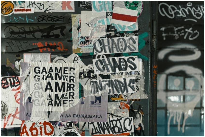 Vibrant urban scene of graffiti and layered poster