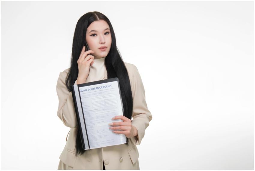 Asian woman in business attire holding home insura