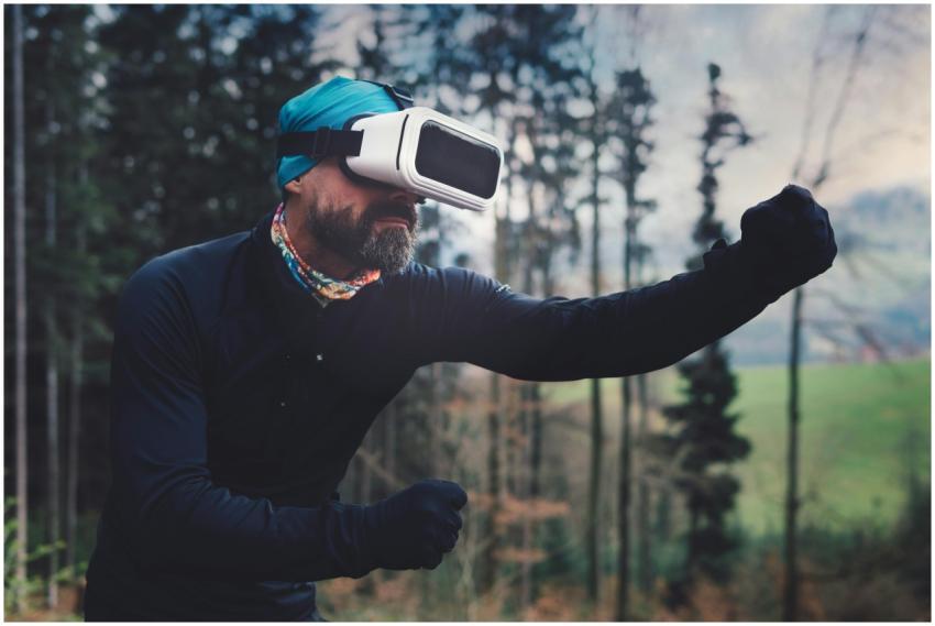 Man using virtual reality headset outdoors, immers