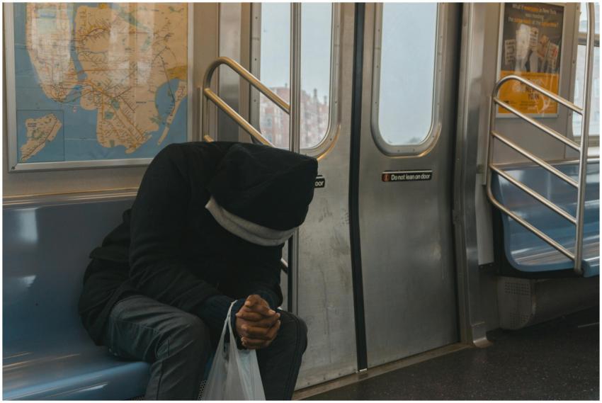 A lone passenger sitting in a New York City subway