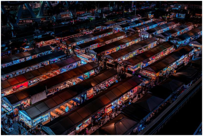 Vibrant aerial shot of a lively Bangkok night mark