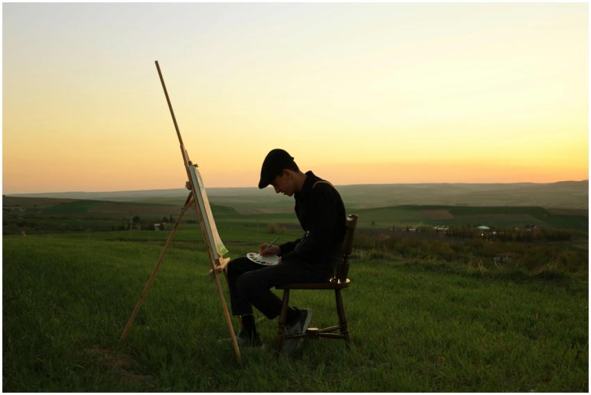 Artist paints on canvas in a peaceful field during
