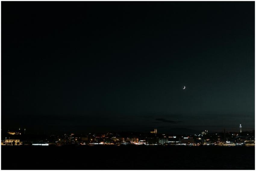 Urban skyline under a crescent moon, showcasing ci