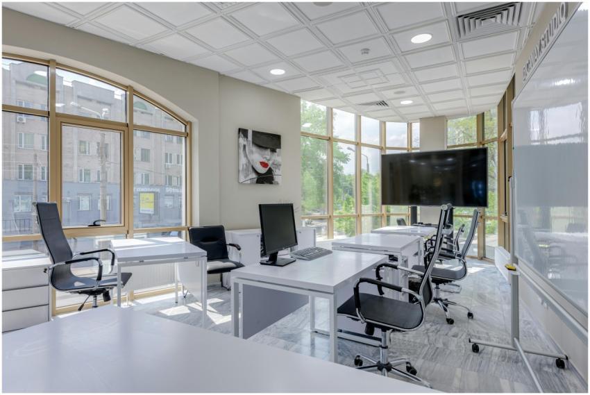 Contemporary minimalist office with glass windows