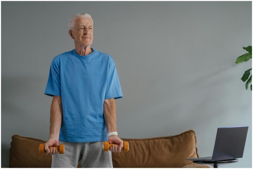 Elderly man in blue shirt lifting dumbbells near l