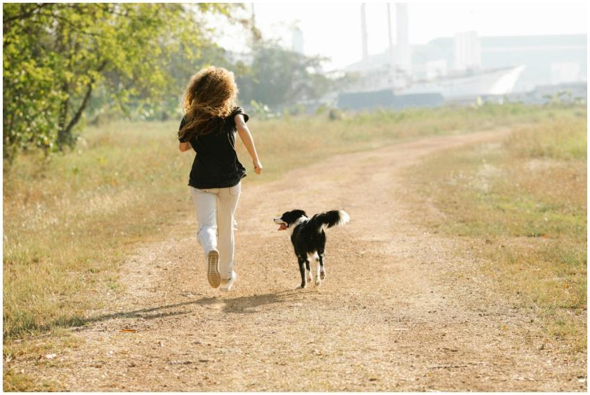A woman jogging with her dog along a sunny path in