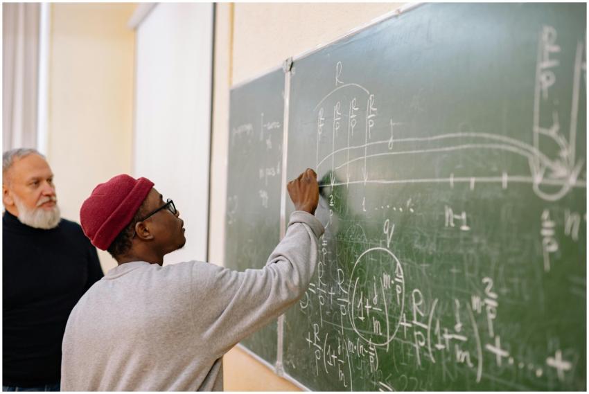 A student writes complex mathematical equations on