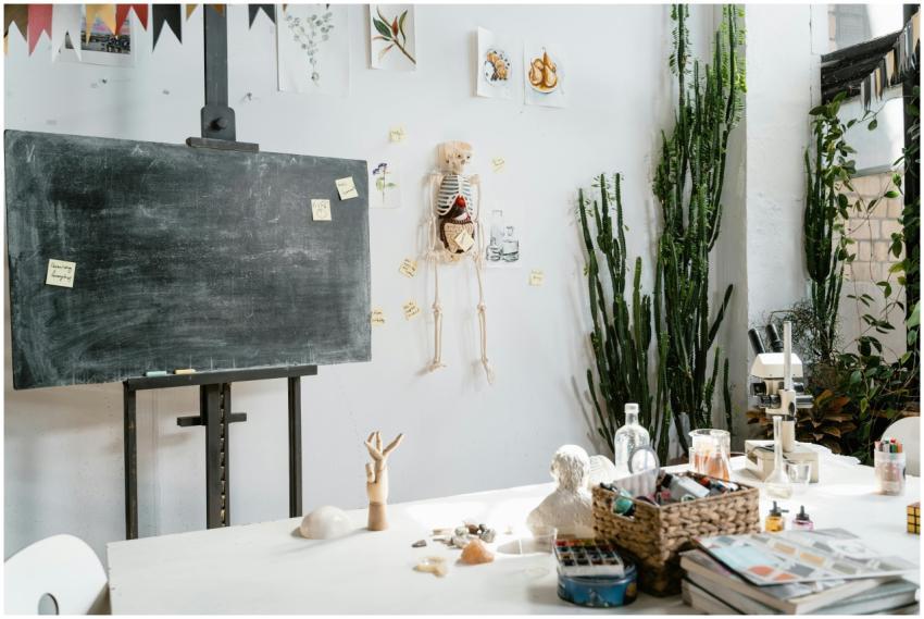 A classroom setup with a blackboard, skeleton mode