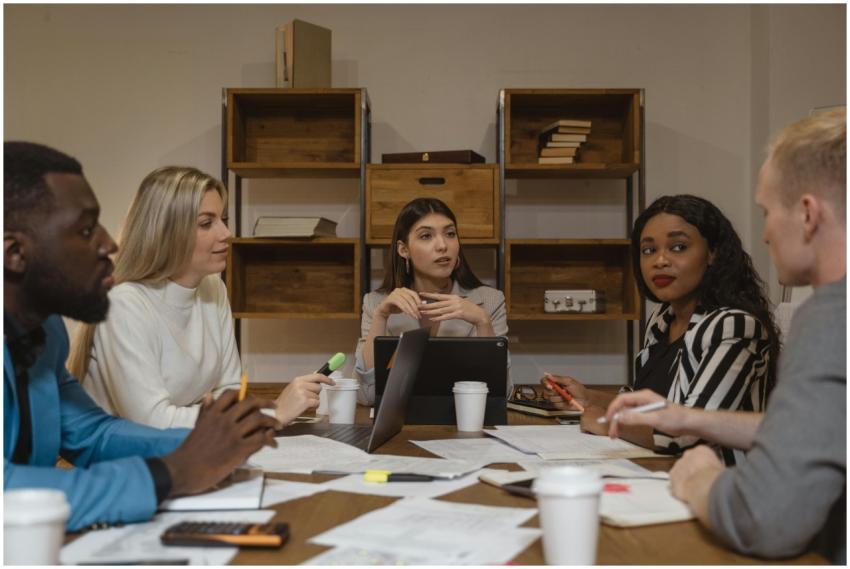 A multicultural group of professionals discussing