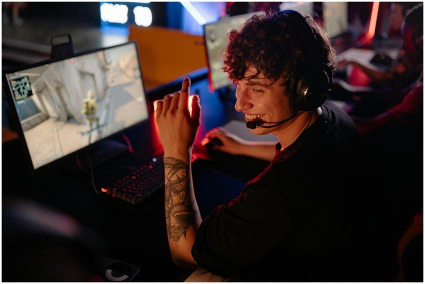 A young gamer in a black shirt enjoys an intense o