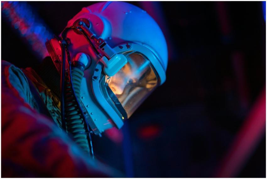 A spacewoman in a high-tech suit with illuminated