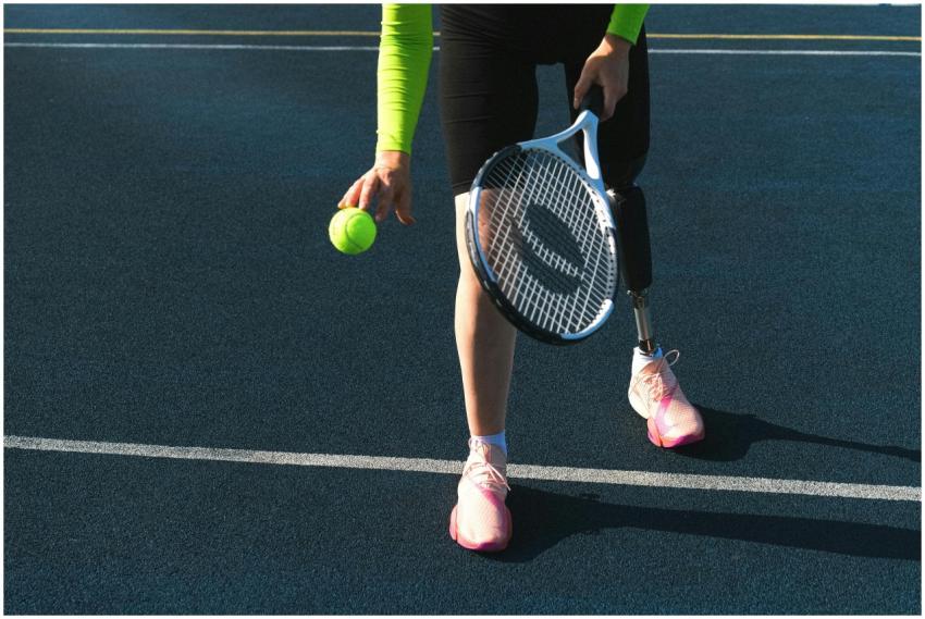 A female athlete with a prosthetic leg playing ten