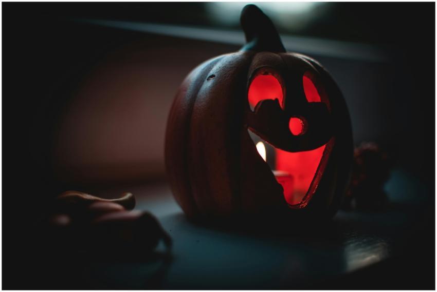 A carved pumpkin jack-o'-lantern glowing with cand
