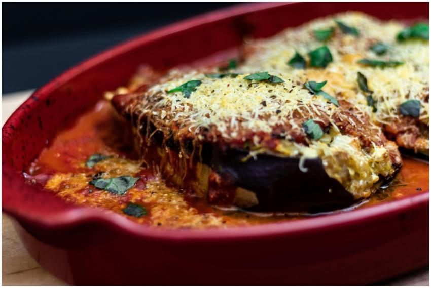 Delicious baked eggplant parmesan dish with cheese