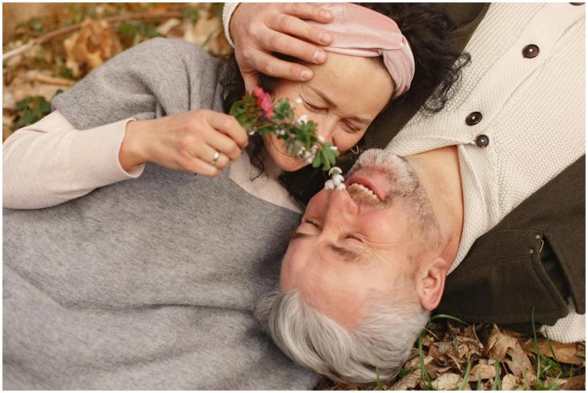 From above of cheerful senior wife wearing wide sc