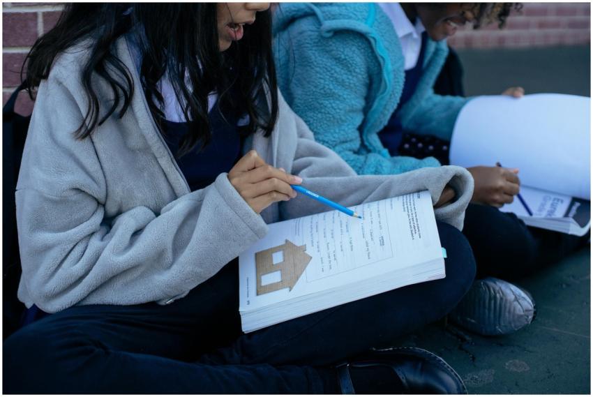 Two students studying with textbooks and collabora
