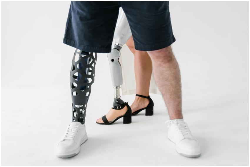 Close-up of diverse prosthetic limbs, showcasing t