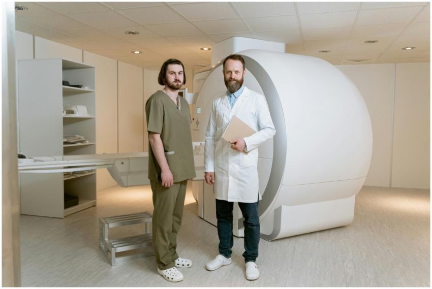 Two doctors standing beside an MRI scanner in a mo