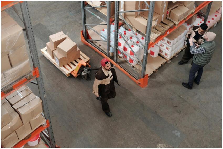 Team working in an industrial warehouse discussing
