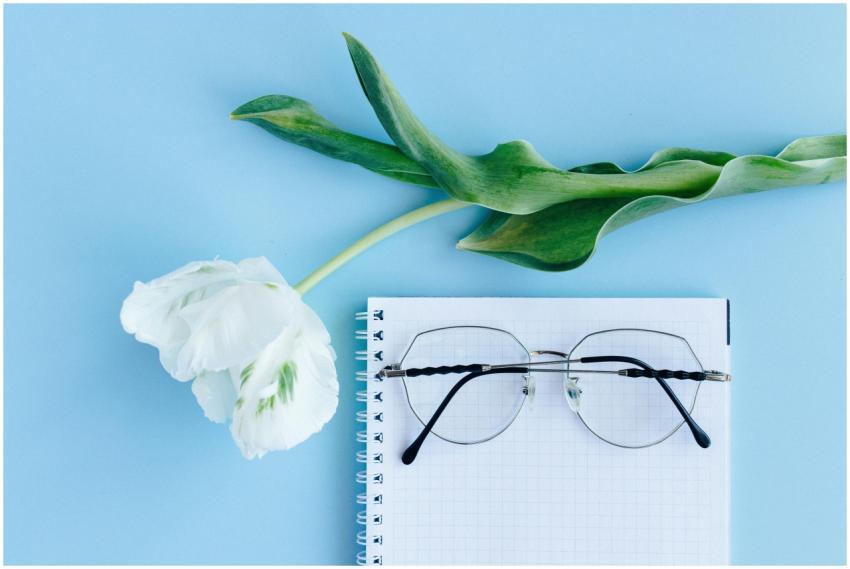 Elegant still life of eyeglasses on a notebook wit
