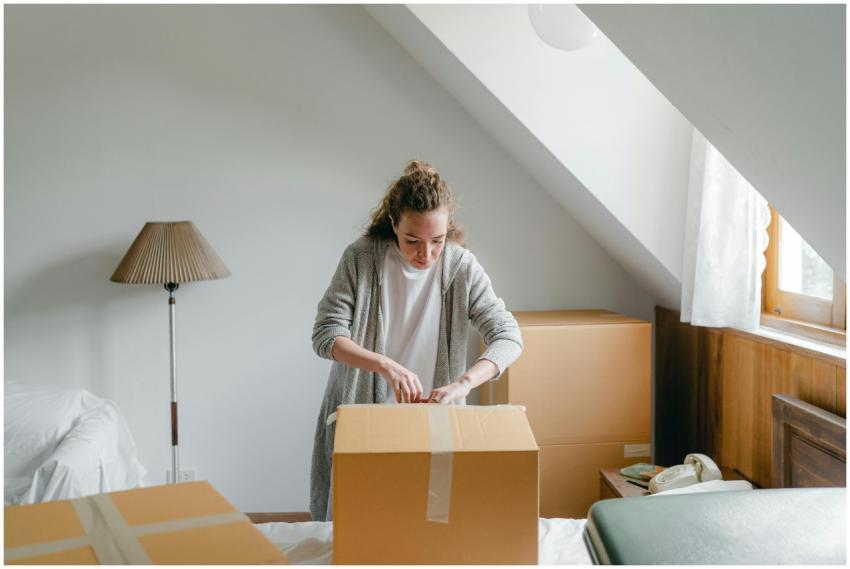 Slim female in cardigan unpacking cardboard box pu