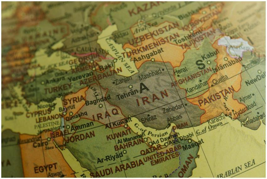 Close-up view of Middle East map highlighting coun