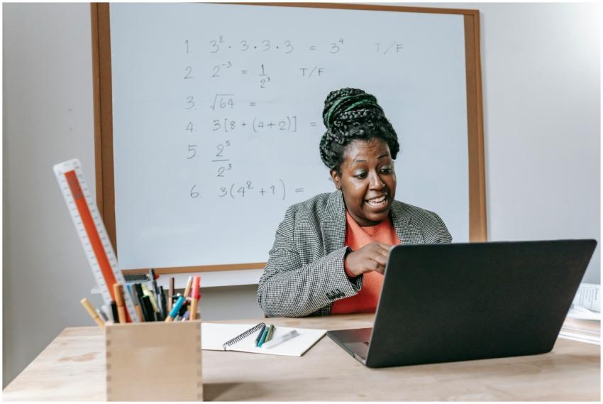 Amazed African American female giving lecture in m