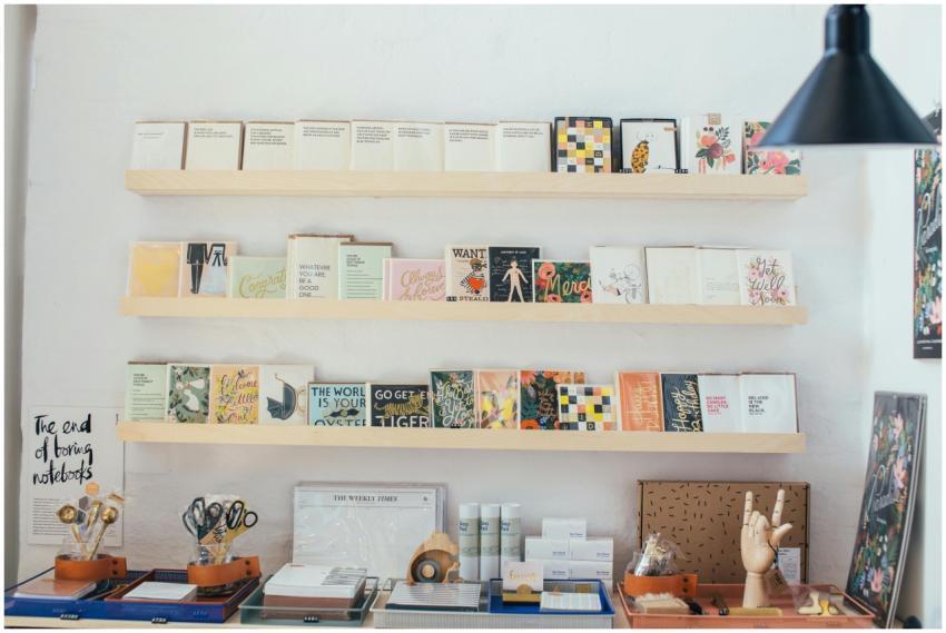 Interior of modern light shop with wooden shelves