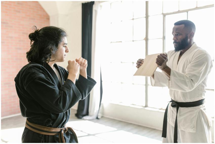 Two martial artists practicing board breaking tech