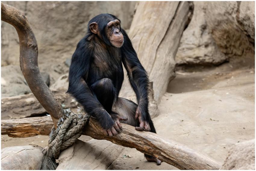A chimpanzee sits on a wooden branch in a zoo, sho