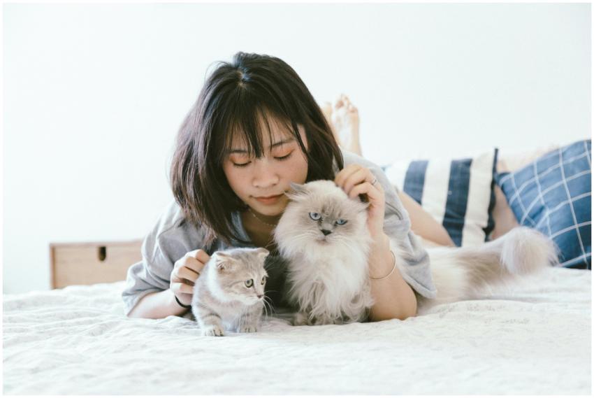 Young Asian woman relaxing on a bed with two fluff