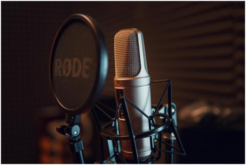 Close-up of a studio microphone with pop filter, i