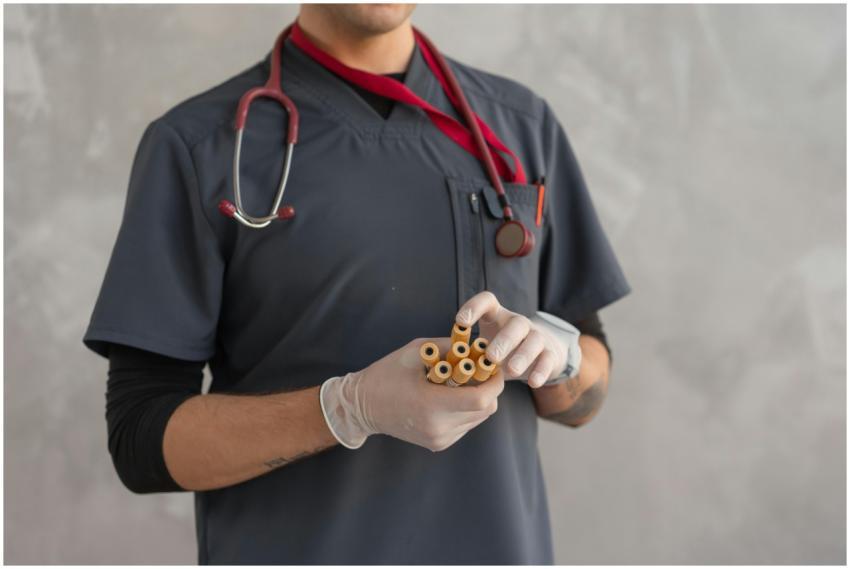 Close-up of a doctor in scrubs holding test tubes,