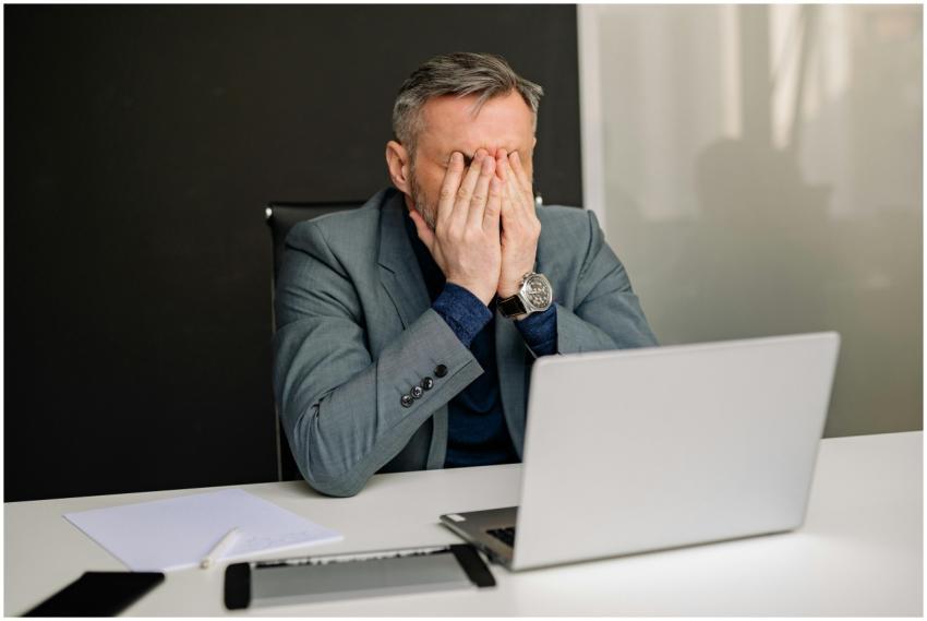 Businessman in gray suit showing frustration while