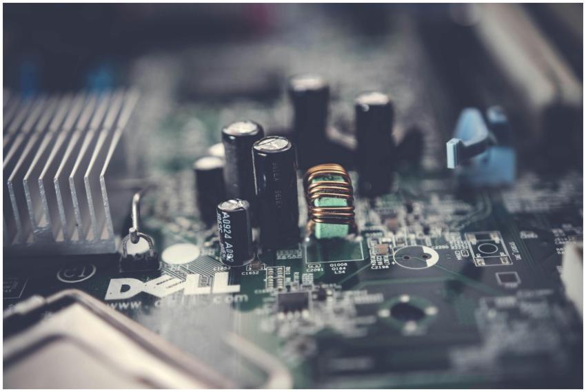 Detailed close-up of a motherboard showcasing elec