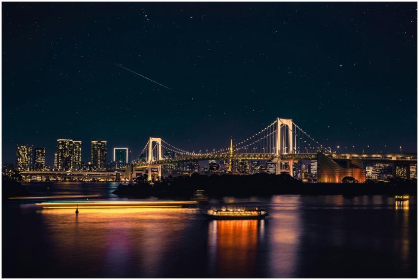 Night view of Tokyo's Rainbow Bridge under a starr